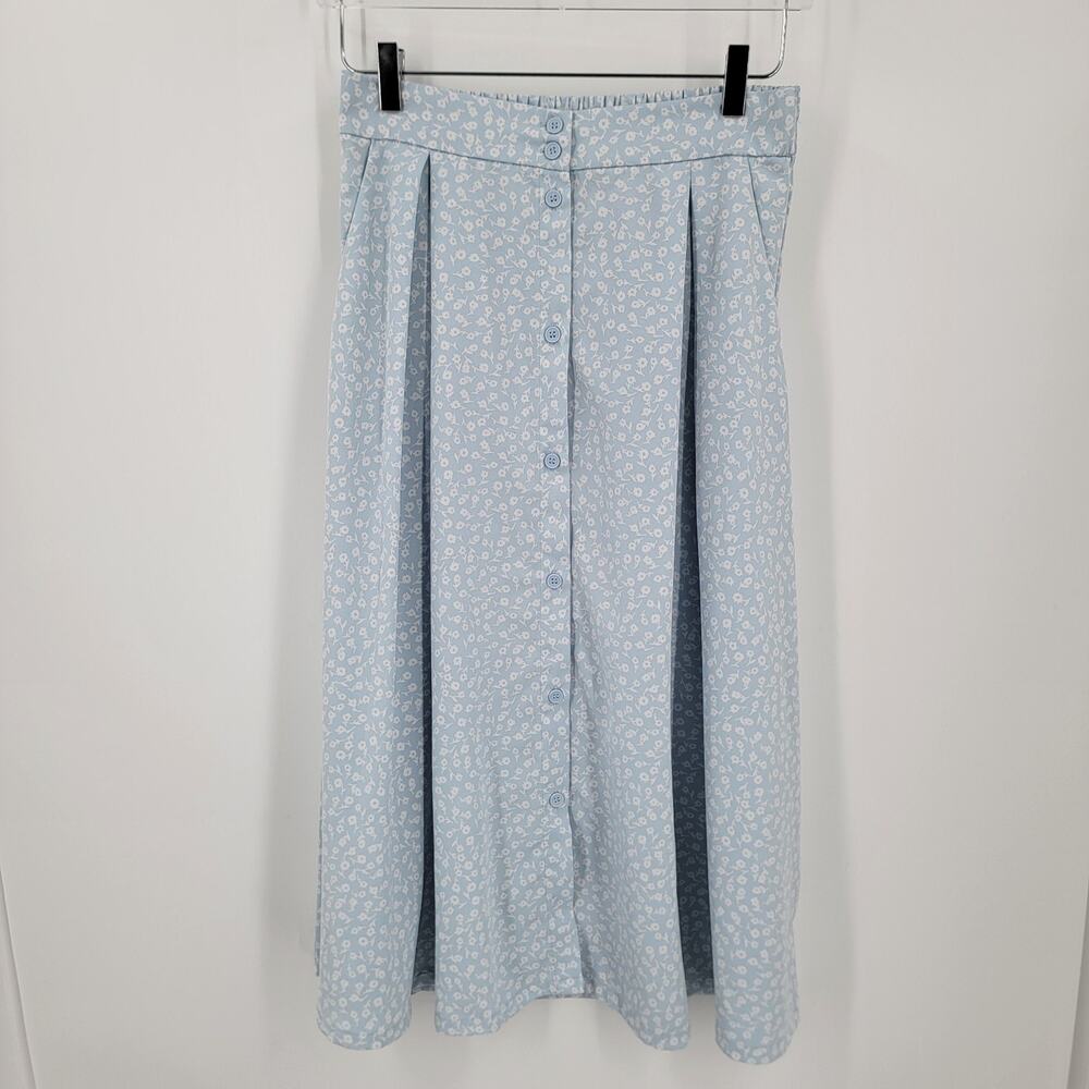 Monkl Skirt Womens Small Blue White Floral Midi Button Front Stretch Waist